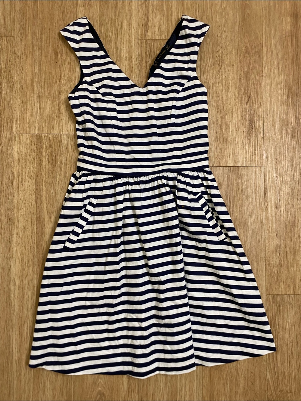 Zara Navy and White Striped V-Neck Mini Dress - Picture 2 of 7